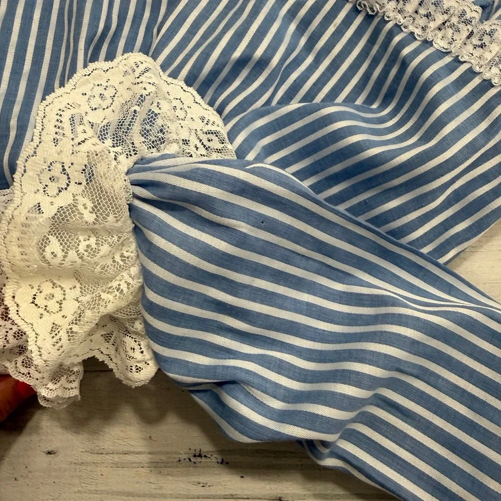 Vintage hugs & kisses baby girl blue white stripes lace dress 24 months